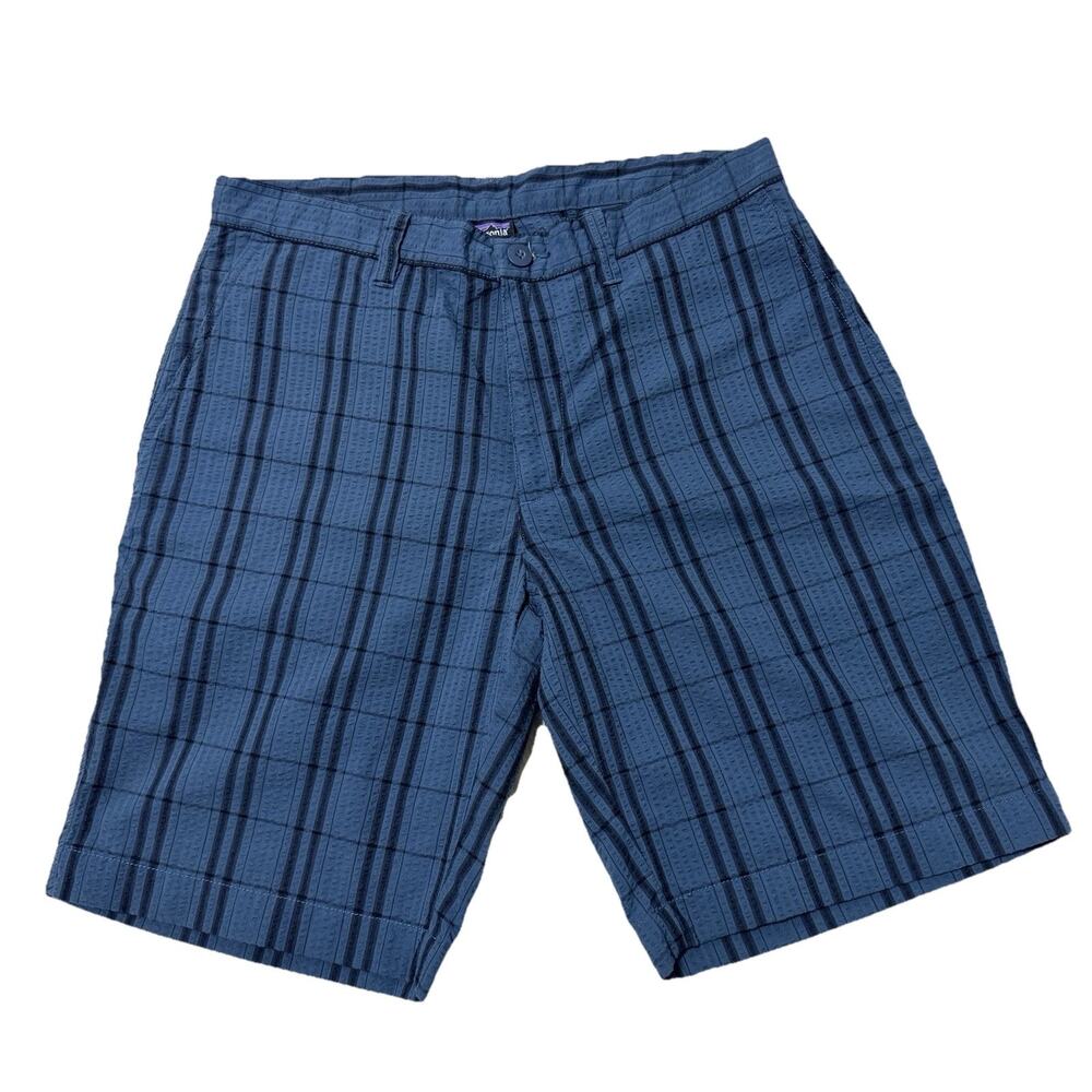 Patagonia Seersucker Shorts Men Size 33 Blue Plaid Organic Cotton Casual Outdoor